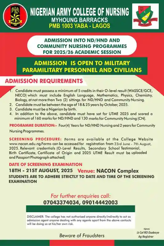 Nigerian Army College of Nursing Admission 2025/26 | ND/HND & Community Nursing